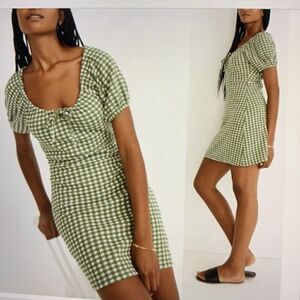 Madewell Jacquard Puff-Sleeve Mini Dress - Green Gingham Check